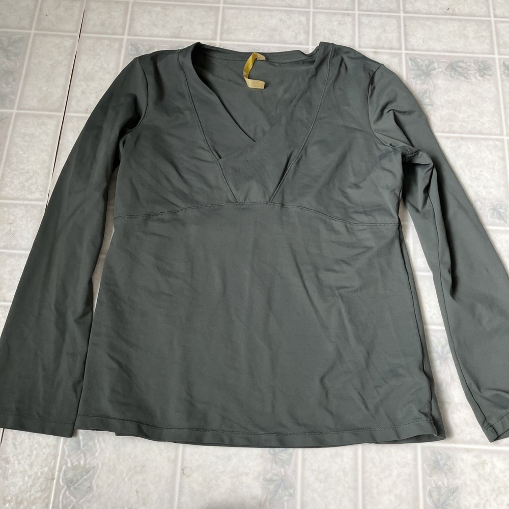 Lole Shawl Collar Sz Large Wicking SPF 50 Empire Waist Long Sleeve Tee Green